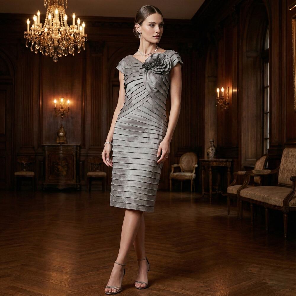 Tadashi Shoji Silver Metallic Shutter Pleat Rosette Dress Size 12